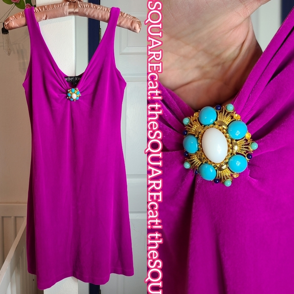 Betsey Johnson 💖 magenta stretchy VELVET y2k barbie rave mini dress with brooch - Picture 2 of 5